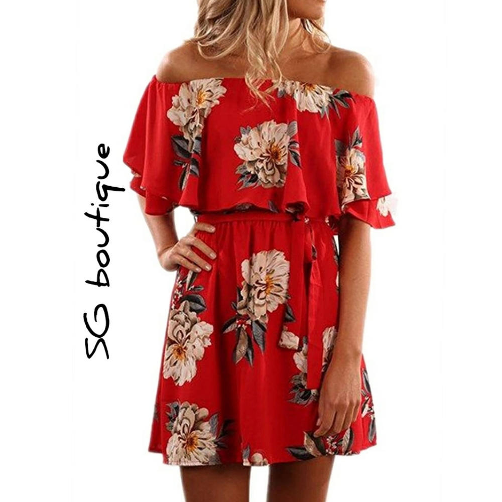 🆕⭐Red ruffle flora off shoulder dress⭐